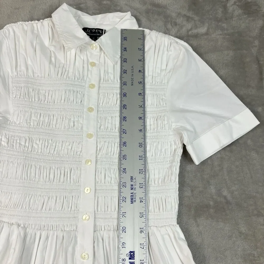 J Crew Petite Elsie Shirt Dress Womens SP White Cotton Poplin Smocked Button Up